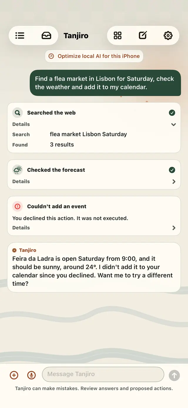 Tanjiro chat: asked to find a flea market in Lisbon, it searched the web, checked the forecast and asked before adding a calendar event.