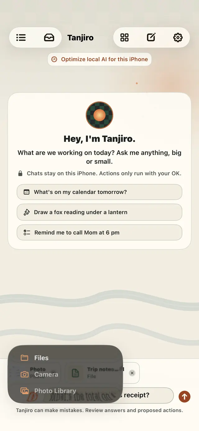Tanjiro attach menu open with Files, Camera and Photo Library options above the welcome card.